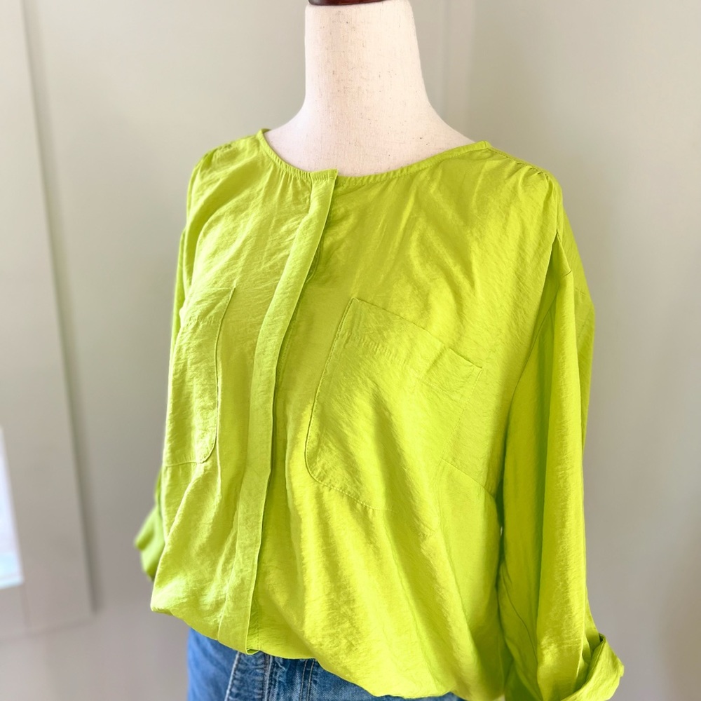 Beverly Drive Lime Green Hidden Button 3/4 length Sleeve Blouse Size 1x